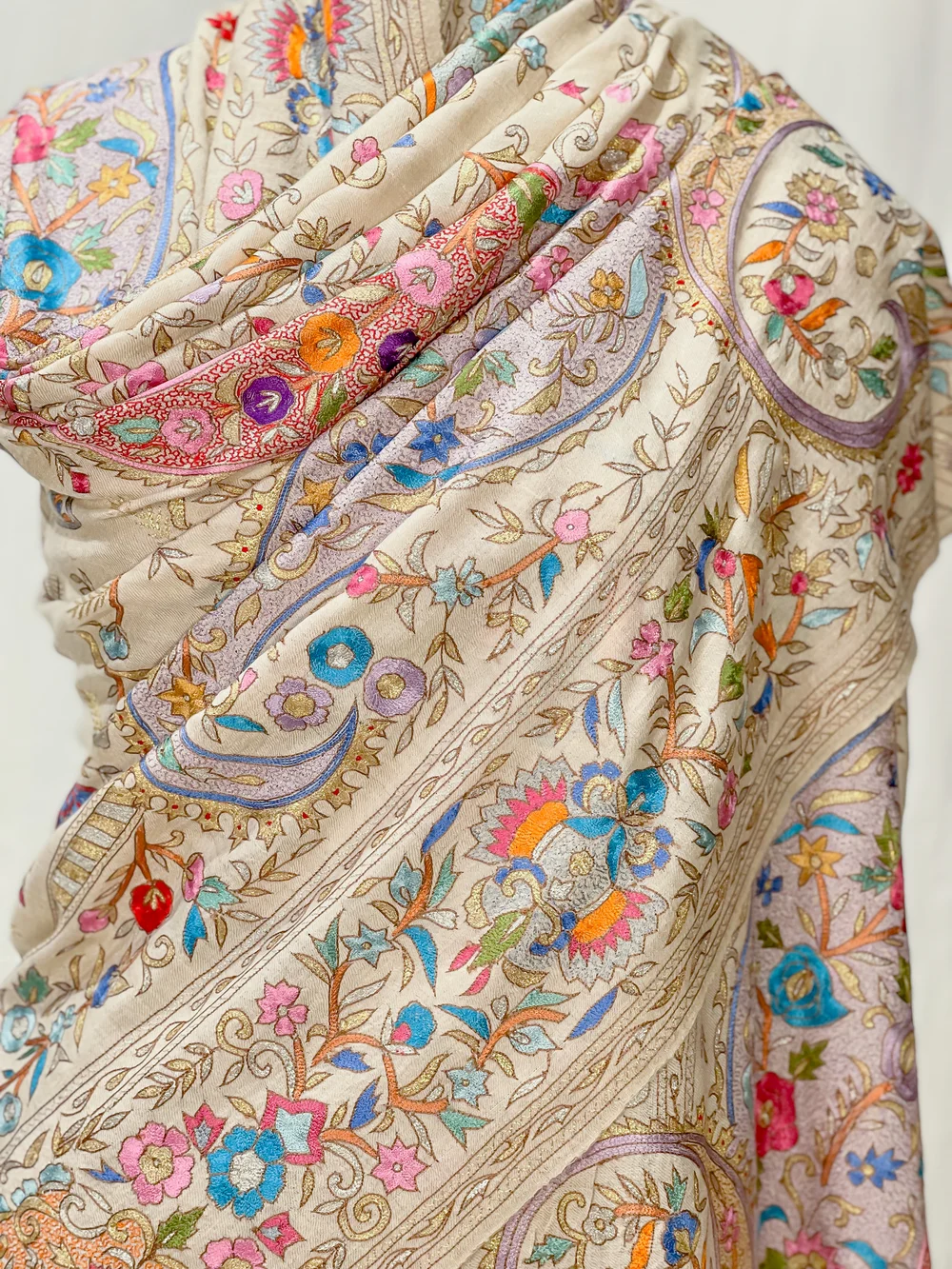 Cream Pure Pashmina Shawl With Tilla and Thread Jaal Hand Embroidery front