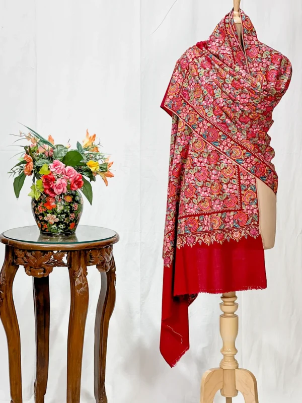 Maroon Pure Pashmina Shawl With Papier Mache Jama Hand Embroidery