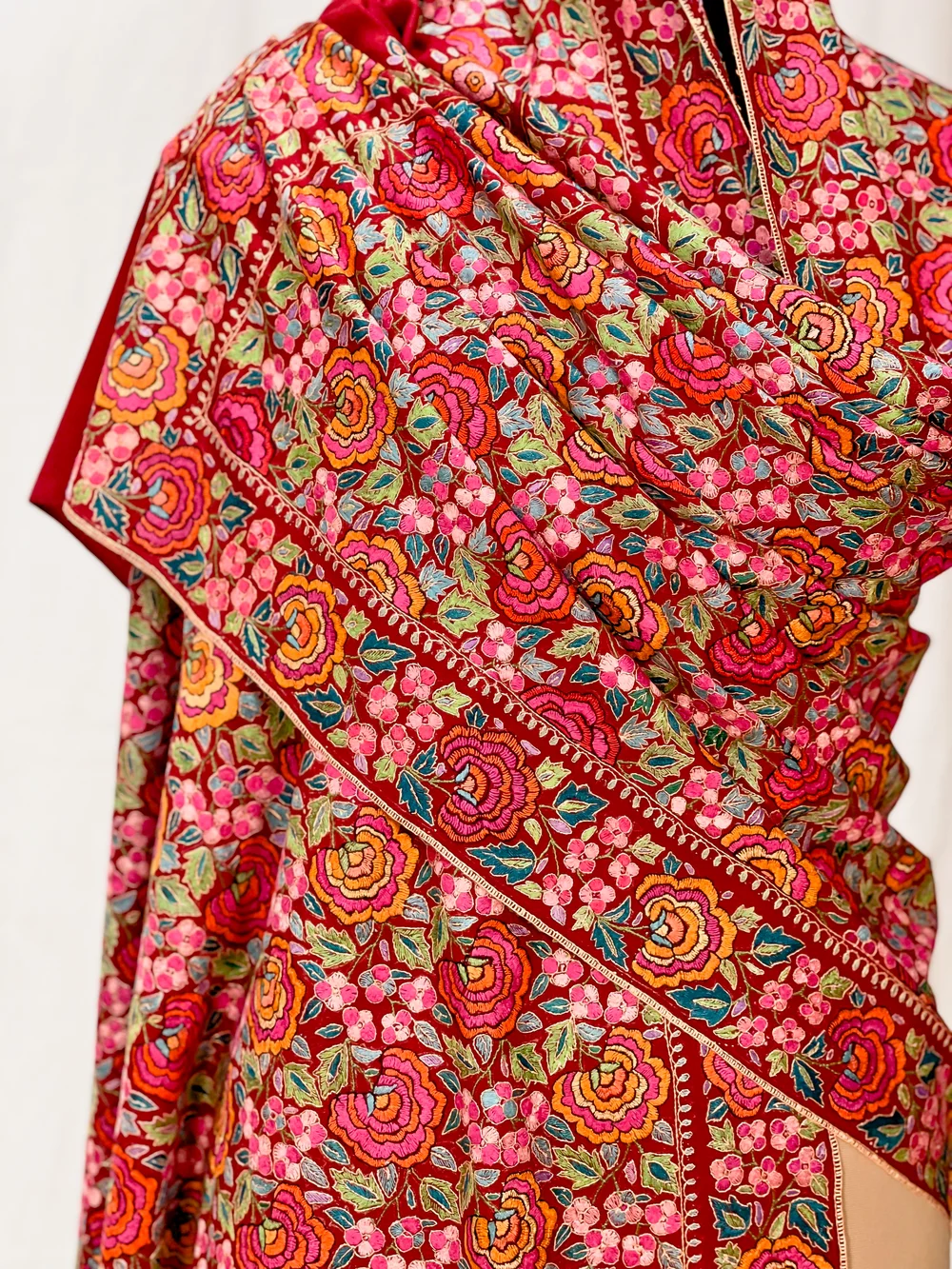 Maroon Pure Pashmina Shawl With Papier Mache Jama Hand Embroidery front