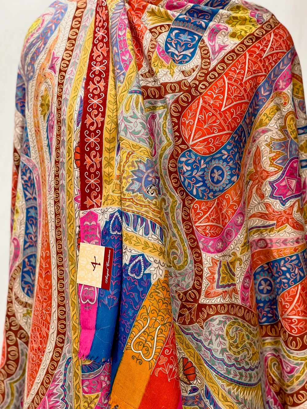 Multi-Colour Pure Pashmina Shawl with Kalamkari Hand Embroidery front Multi-Colour Pure Pashmina Shawl with Kalamkari Hand Embroidery front