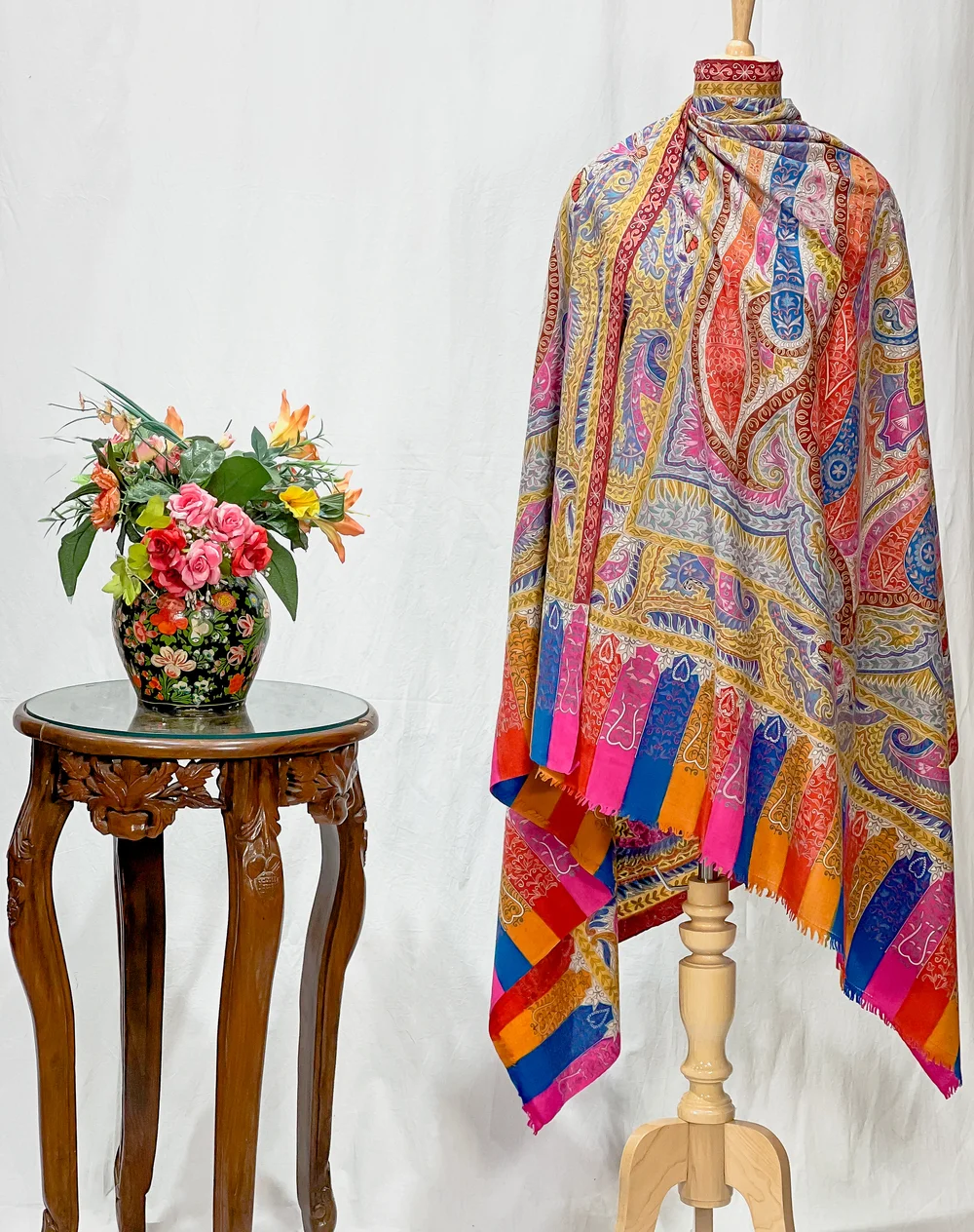 Multi-Colour Pure Pashmina Shawl with Kalamkari Hand Embroidery Multi-Colour Pure Pashmina Shawl with Kalamkari Hand Embroidery