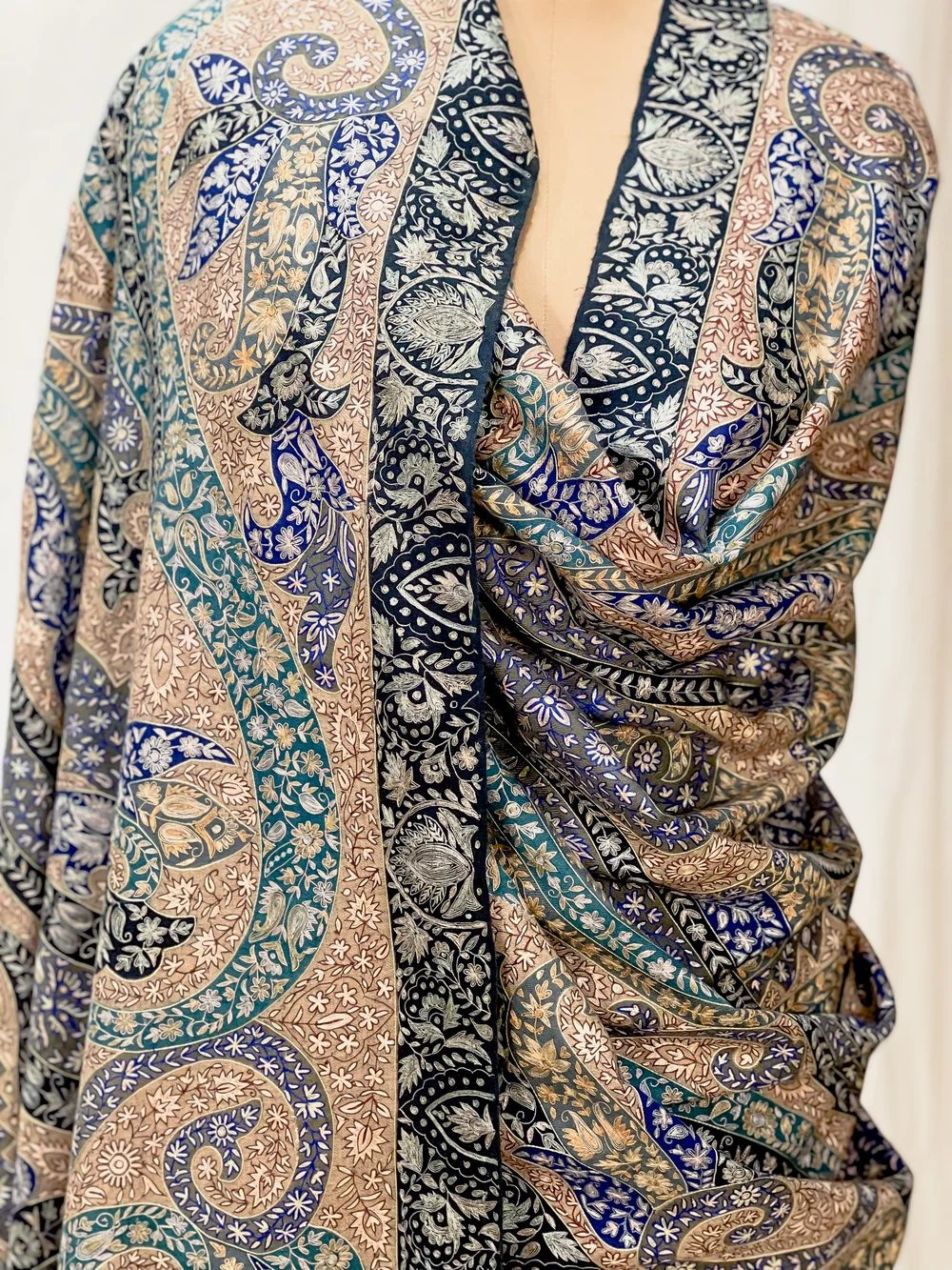 Beige Pure Pashmina Shawl with Multi-Colour Kalamkari Hand Embroidery front Beige Pure Pashmina Shawl with Multi-Colour Kalamkari Hand Embroidery front