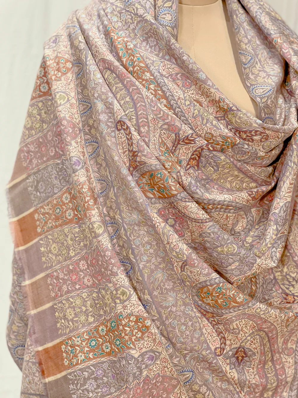 Pastel Multi-Colour Pure Pashmina Shawl with Kalamkari Hand Embroidery Front