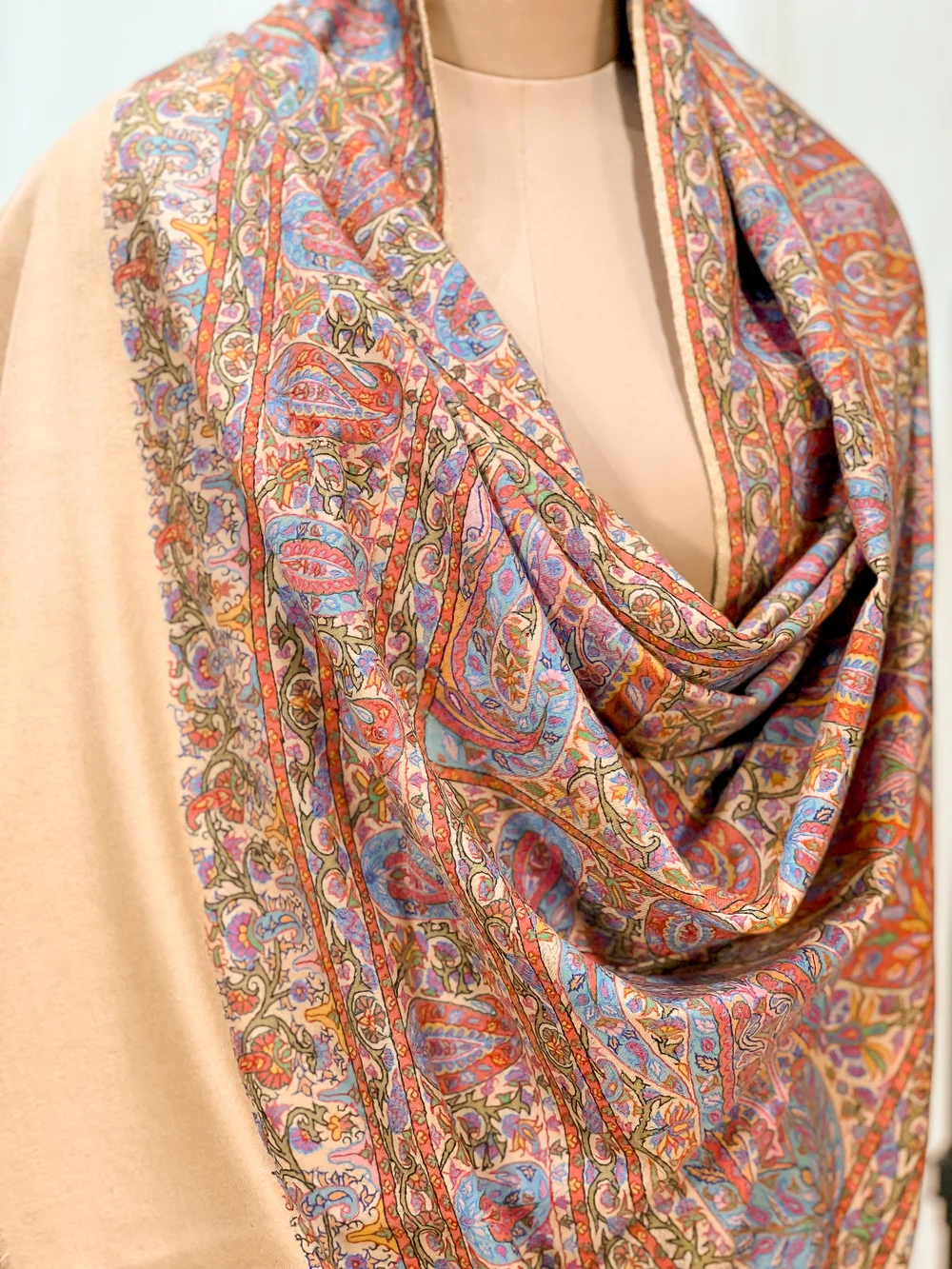 Beige Pure Pashmina Shawl with Kalamkari Hand Embroidery Front Beige Pure Pashmina Shawl with Kalamkari Hand Embroidery Front
