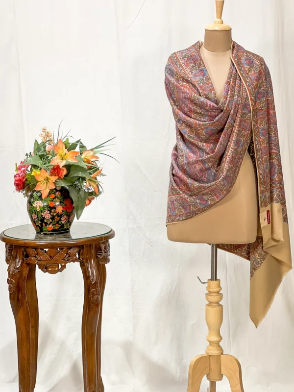 Beige Pure Pashmina Shawl with Kalamkari Hand Embroidery