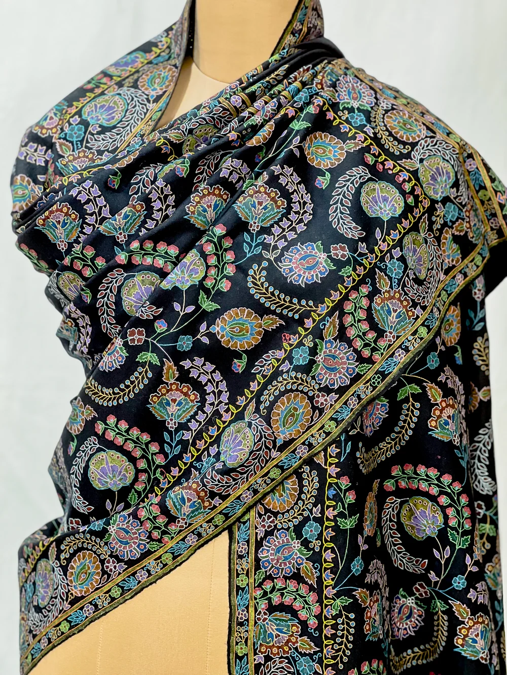 Black Pure Pashmina Shawl with Kalamkari Hand Embroidery