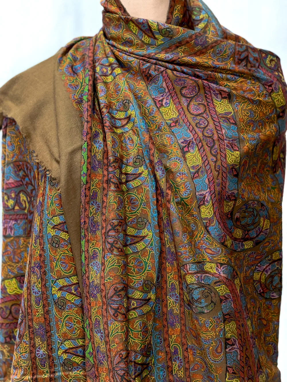 Toosh Pure Pashmina Shawl with Kalamkari Hand Embroidery Hand Paint front
