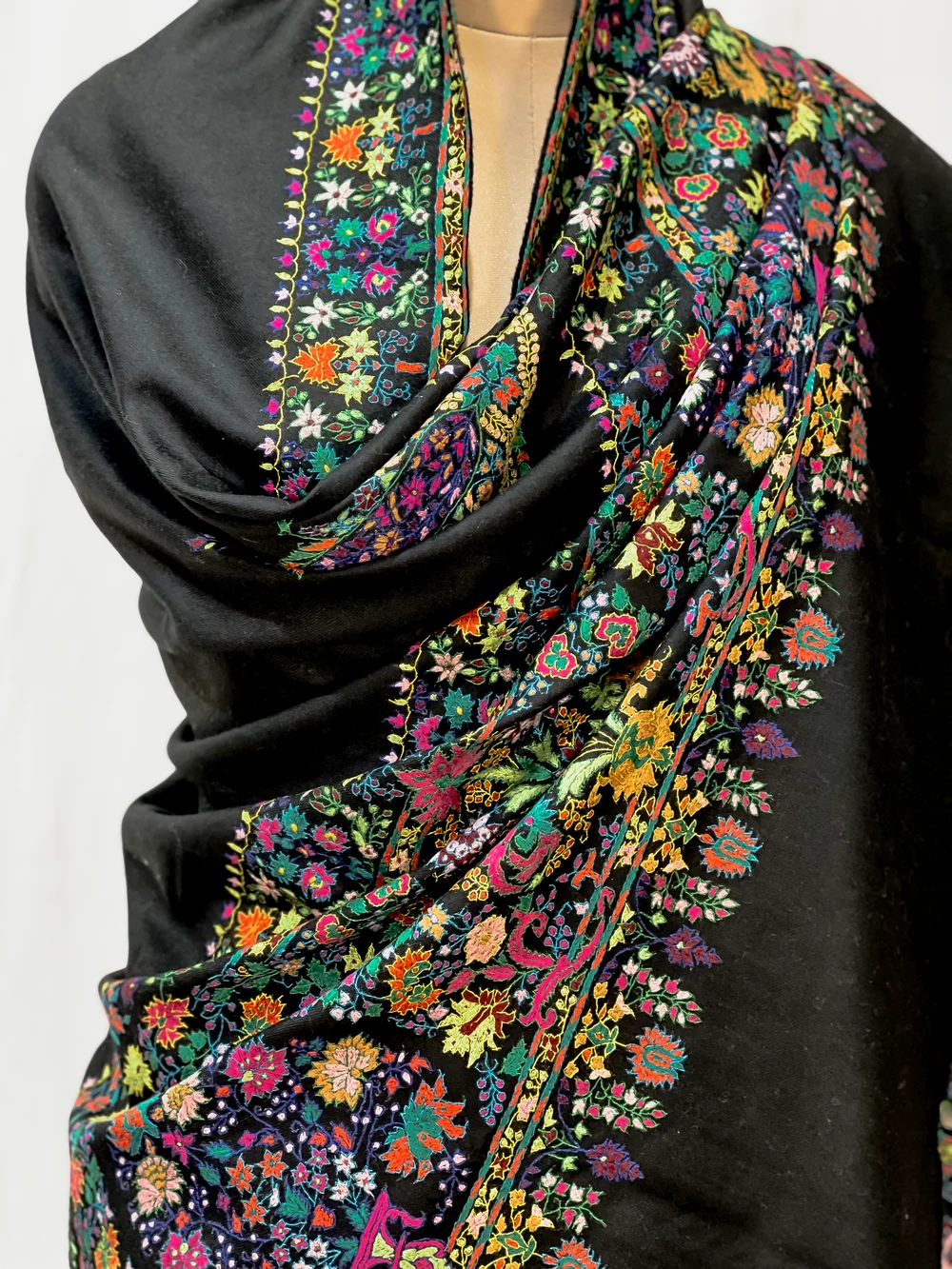 Black Pure Pashmina Shawl With Papier Mache Hand Embroidery front