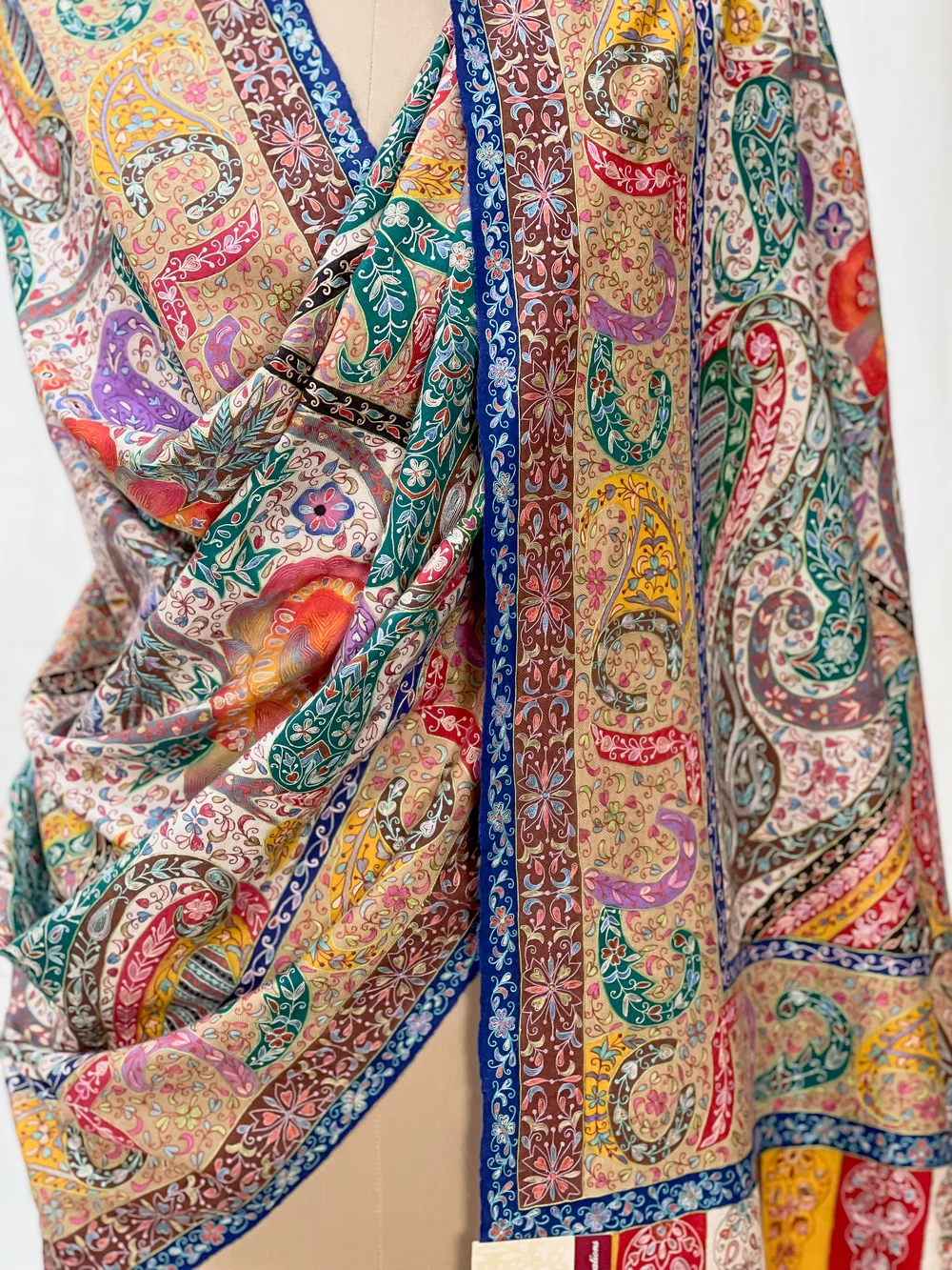 Multi-Colour Pure Pashmina Shawl with Kalamkari Hand Embroidery Hand Paint Front