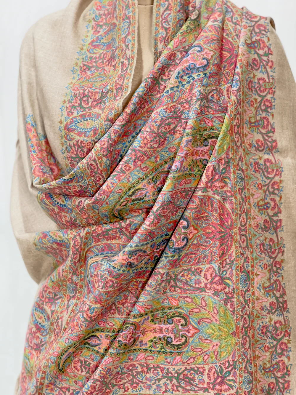 Light Natural Pure Pashmina Shawl with Kalamkari Hand Embroidery Hand Paint front