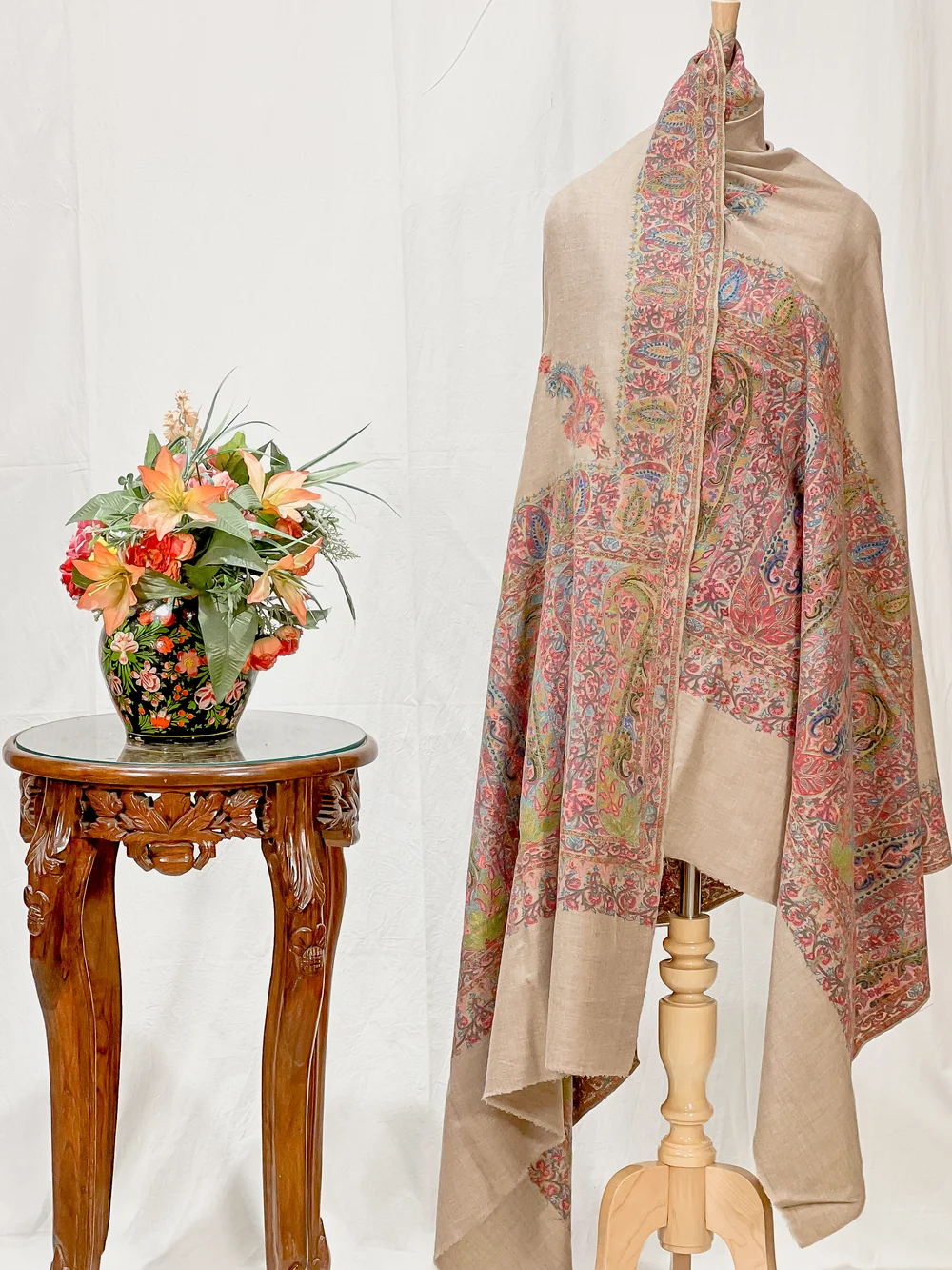 Light Natural Pure Pashmina Shawl with Kalamkari Hand Embroidery Hand Paint