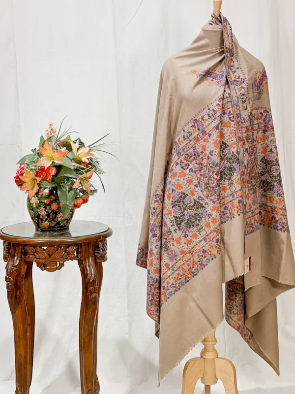 Natural Beige Pure Pashmina Shawl with Kalamkari Hand Embroidery Hand Paint