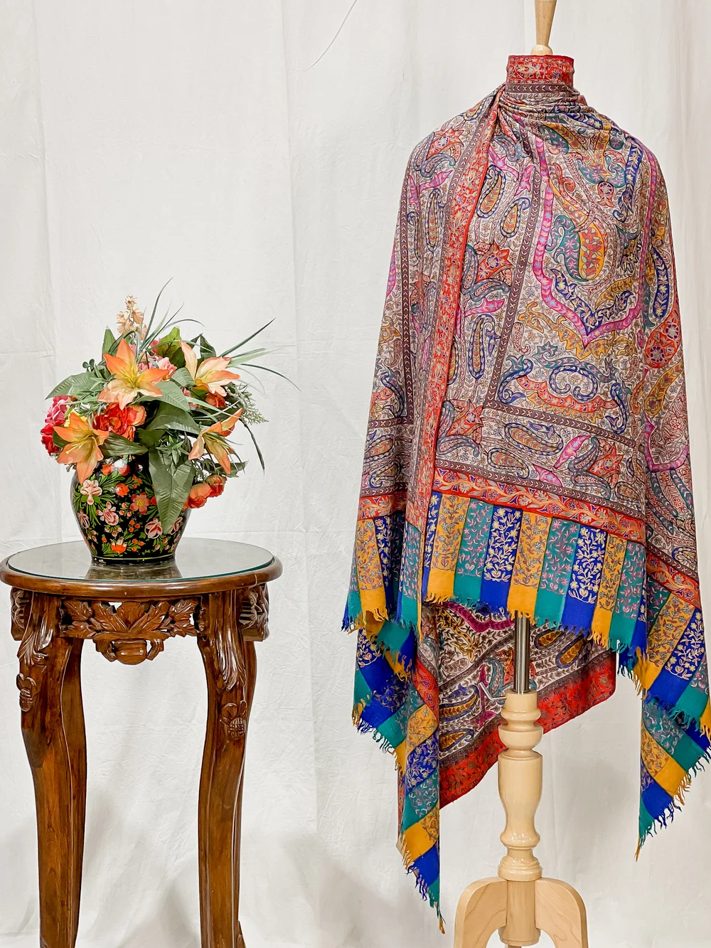 Multi-Colour Pure Pashmina Shawl with Kalamkari Hand Embroidery Hand Paint