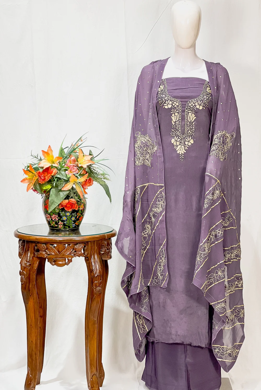 Mauvish Grey Salwar Suit with Tilla and Thread Kashmiri Embroidery