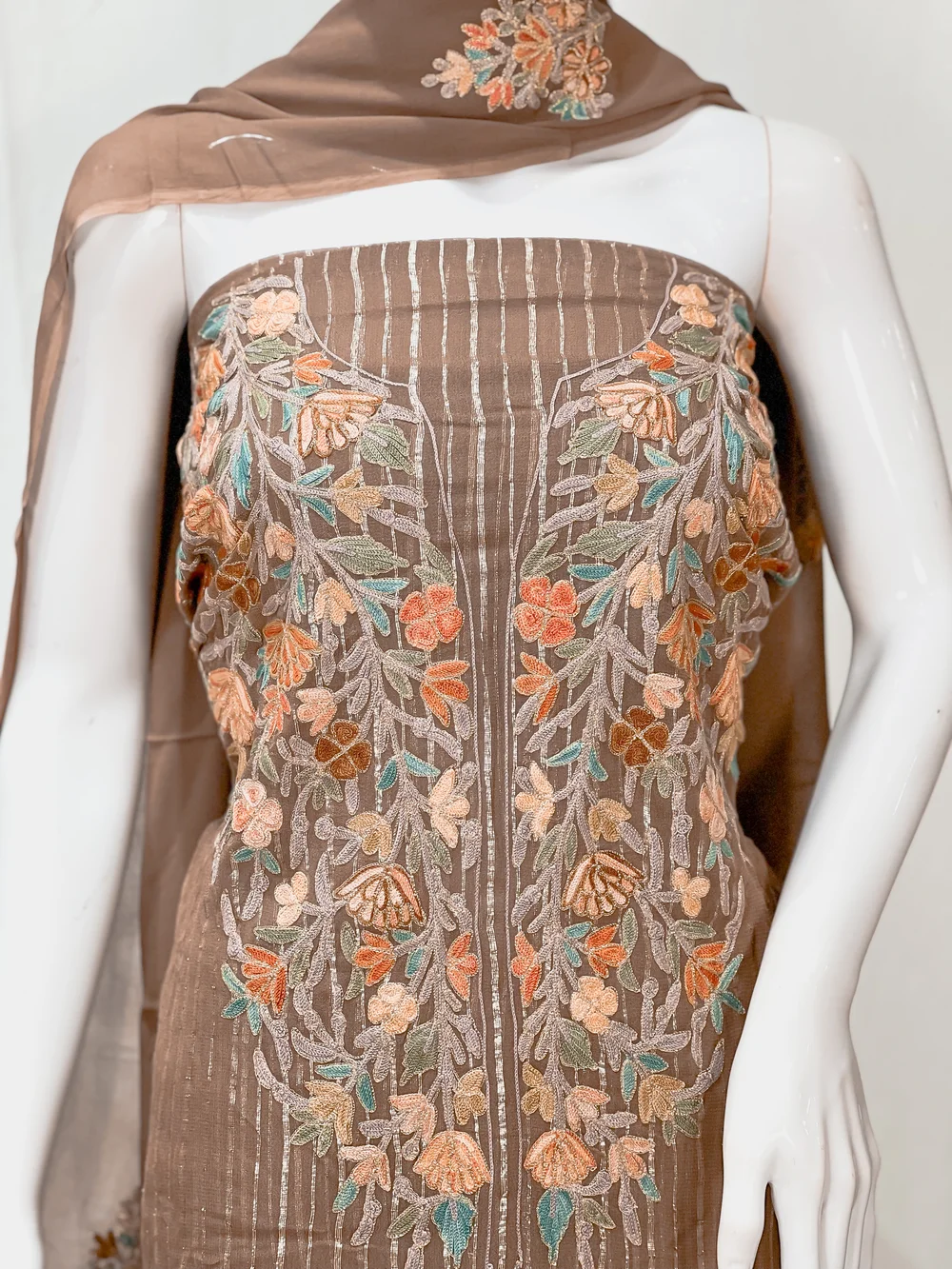 Brown Salwar Suit with Kashmiri Aari and Zari Embroidery front