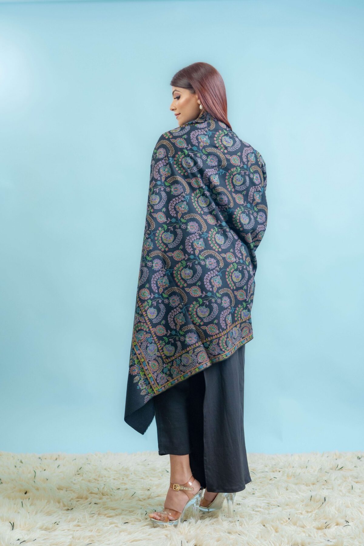 Black Pure Pashmina Shawl with Kalamkari Hand Embroidery