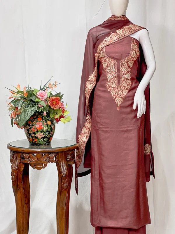 Cooper Rust Salwar Suit with Kashmiri Tilla with Thread Outlining