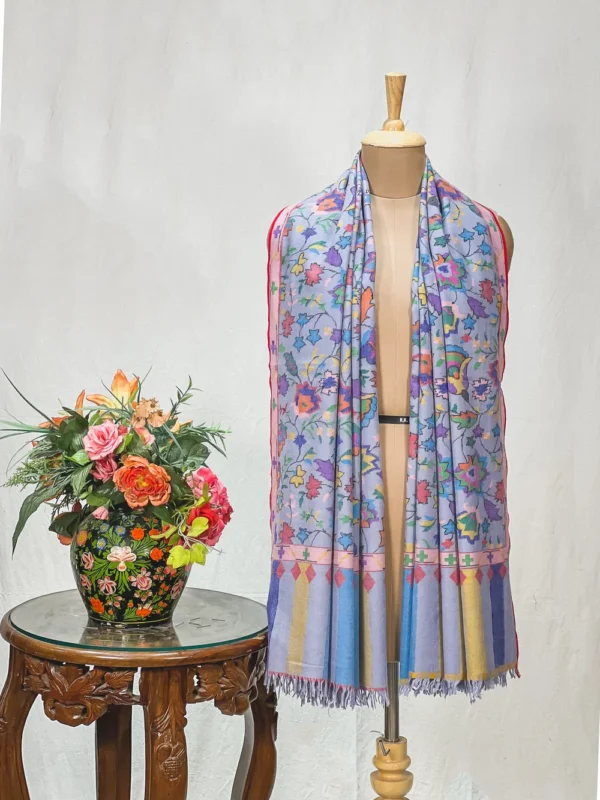 Sky Blue Hand Woven Pure Pashmina Kani Shawl close up