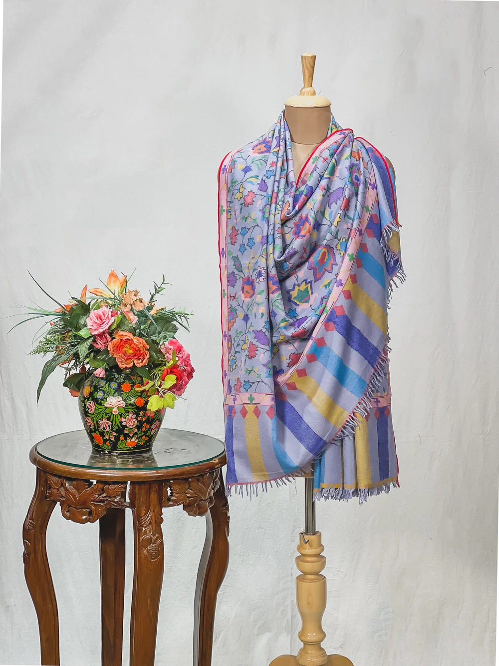 Sky Blue Hand Woven Pure Pashmina Kani Shawl