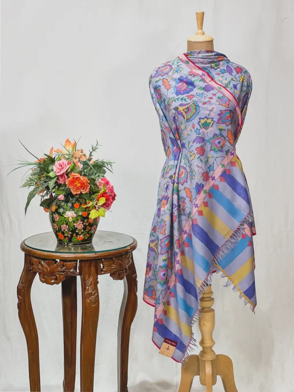 Sky Blue Hand Woven Pure Pashmina Kani Shawl close up