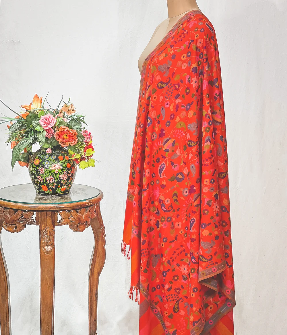 Orange Hand Woven Pure Pashmina Kani Shawl