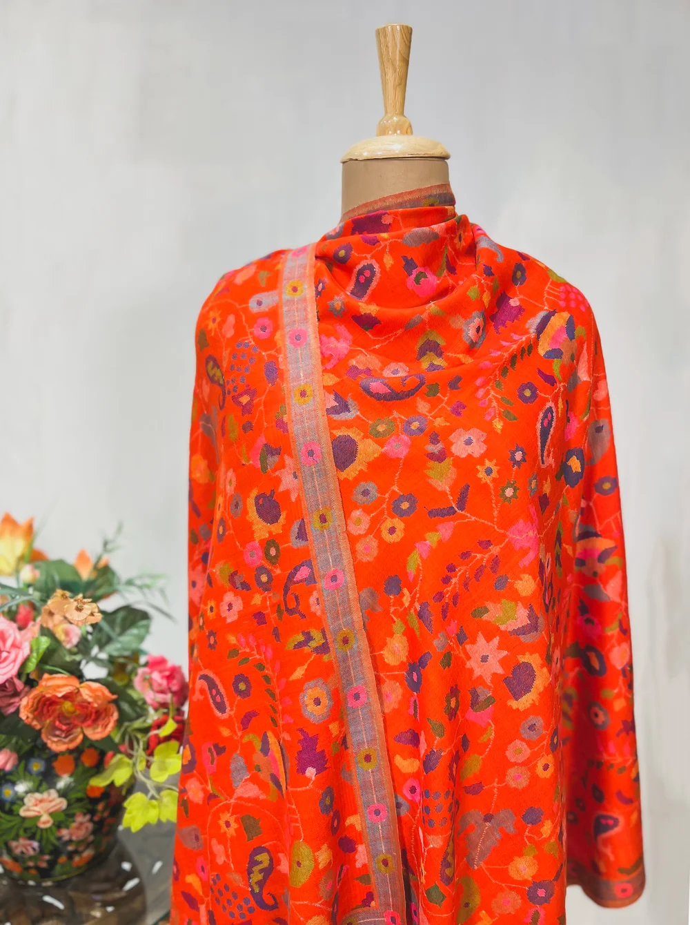 Orange Hand Woven Pure Pashmina Kani Shawl close up