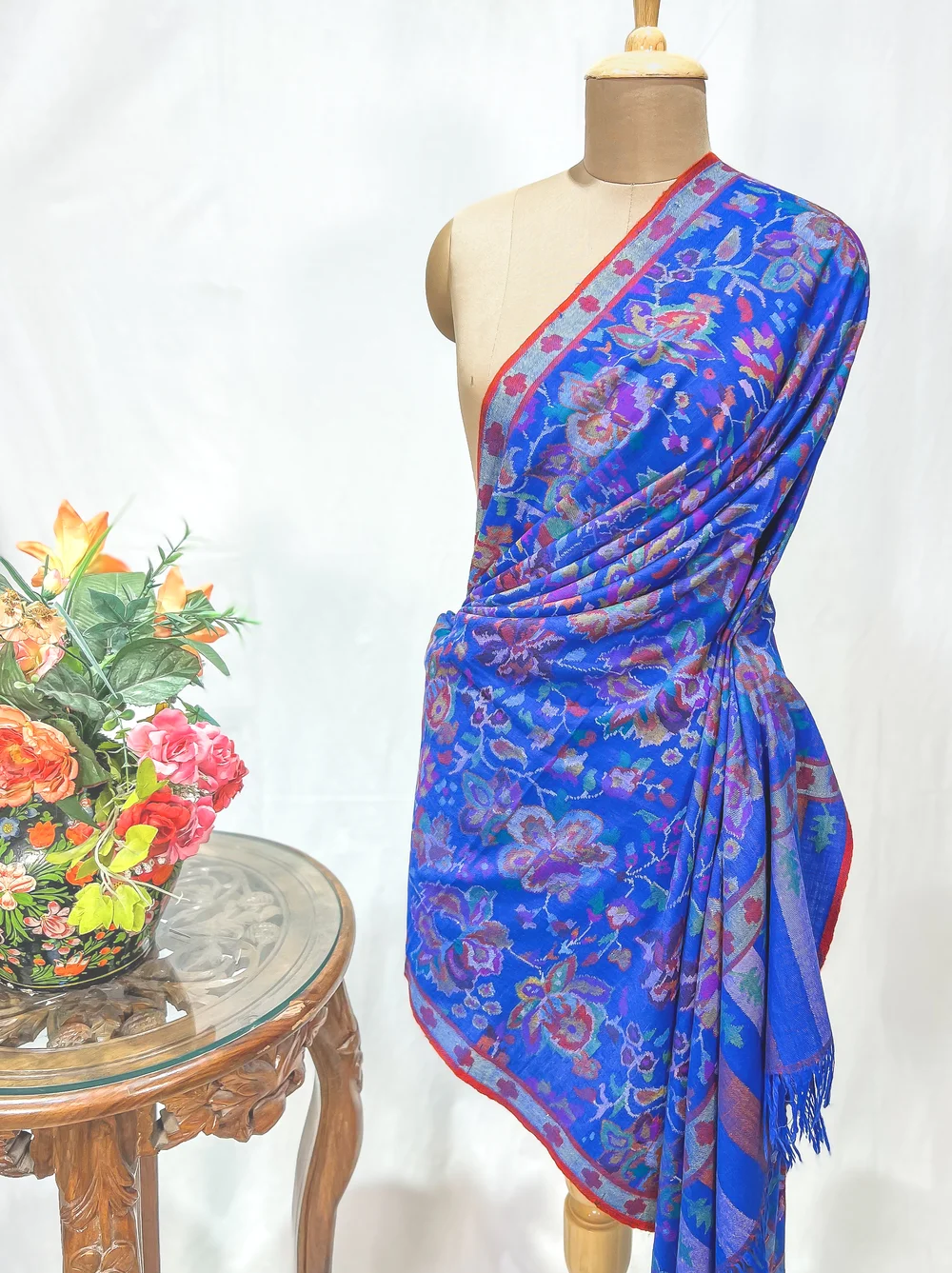 Royal Blue Hand Woven Kani Pure Pashmina Shawl close up