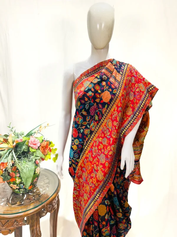 Royal Blue Modal Silk Kani Saree With Floral Design close up