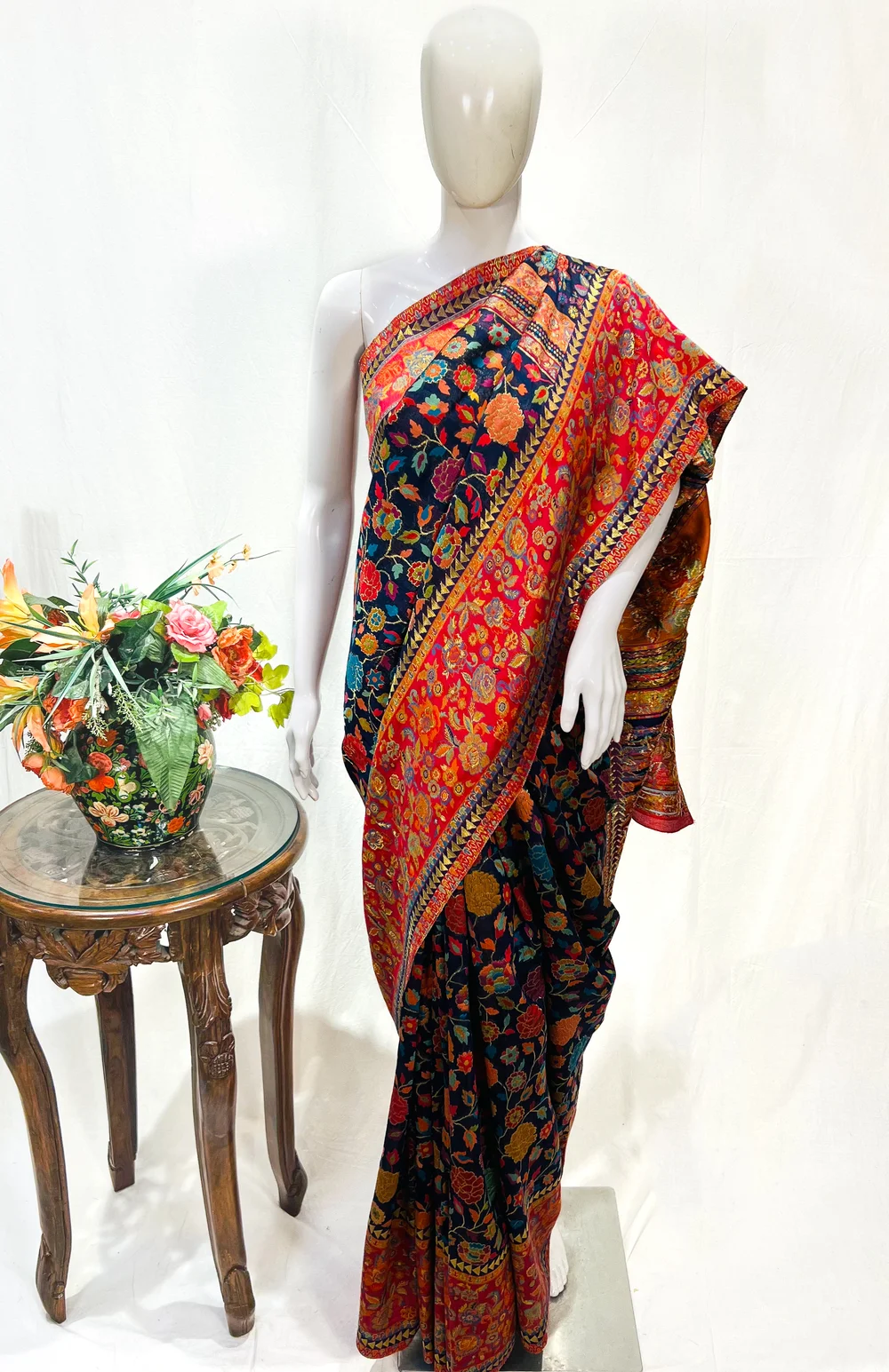 Royal Blue Modal Silk Kani Saree With Floral Design