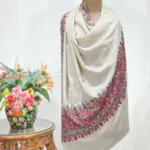 Natural White Pure Pashmina Shawl With Papier Mache Hand Embroidered