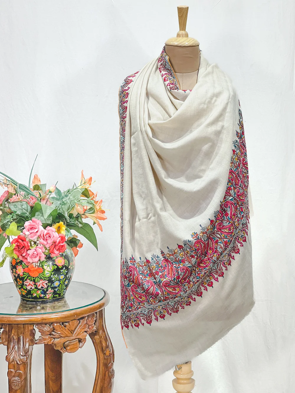 Natural White Pure Pashmina Shawl With Papier Mache Hand Embroidered Natural White Pure Pashmina Shawl With Papier Mache Hand Embroidered