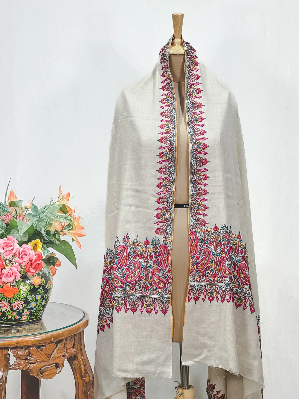 Natural White Pure Pashmina Shawl With Papier Mache Hand Embroidered Natural White Pure Pashmina Shawl With Papier Mache Hand Embroidered