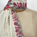 Natural White Pure Pashmina Shawl With Papier Mache Hand Embroidered close up
