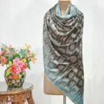 Pure Pashmina Grey Ikat Shawl With Floral Hand Embroidery