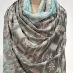 Pure Pashmina Grey Ikat Shawl With Floral Hand Embroidery close up