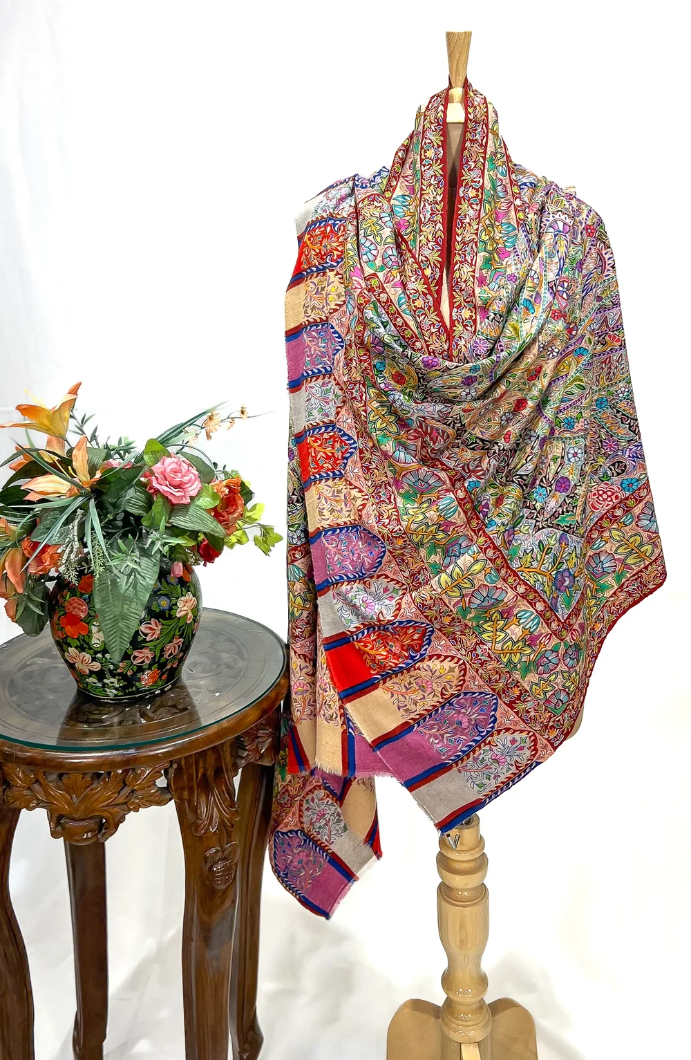 Multi-Colour Kalamkari Hand Embroidery Pure Pashmina Shawl With Hand Paint