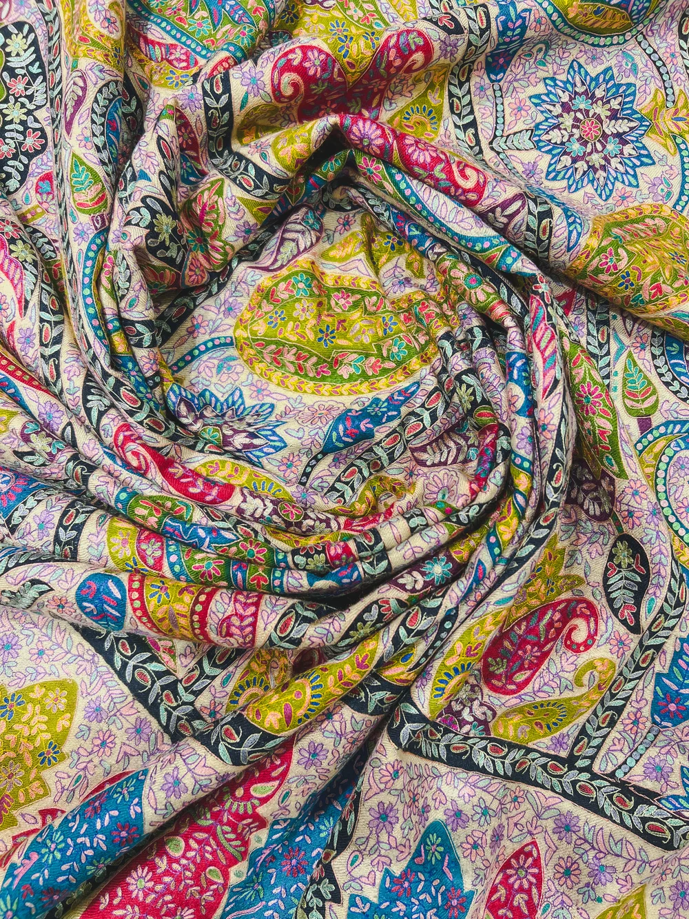 Pure Pashmina Multi Colour Shawl With Artistic Kalamkari And Hand Embroidery