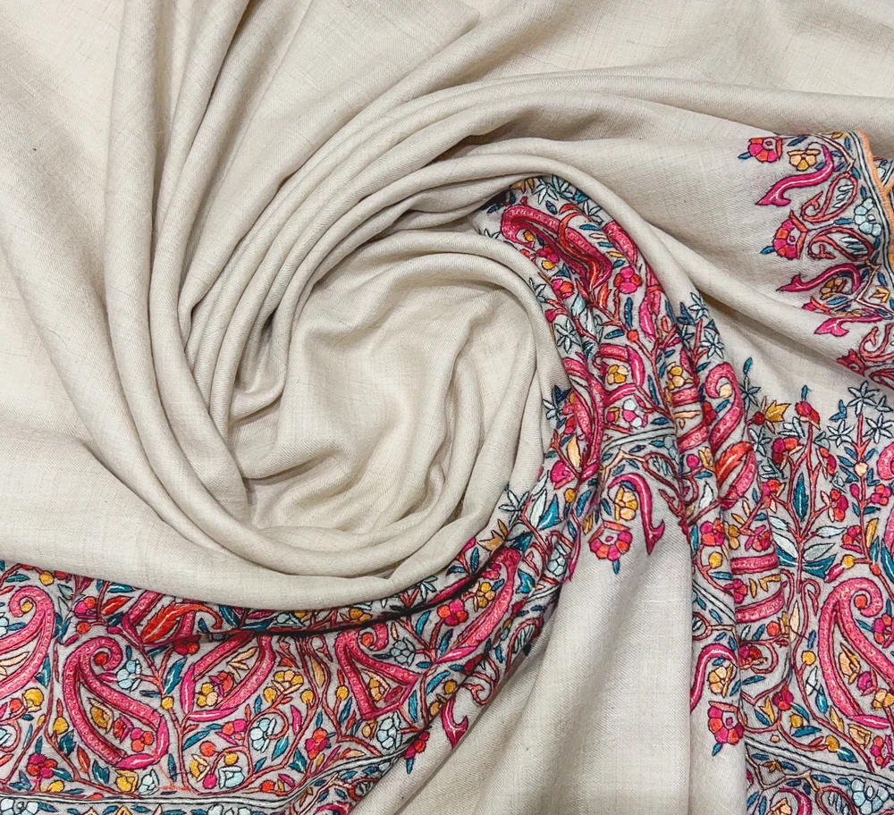 Natural White Pure Pashmina Shawl With Papier Mache Hand Embroidered Natural White Pure Pashmina Shawl With Papier Mache Hand Embroidered