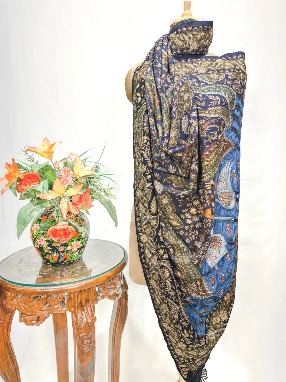 Black And Grey Ombre Pure Pashmina Shawl With Thread And Tilla Jaal Hand Embroidery