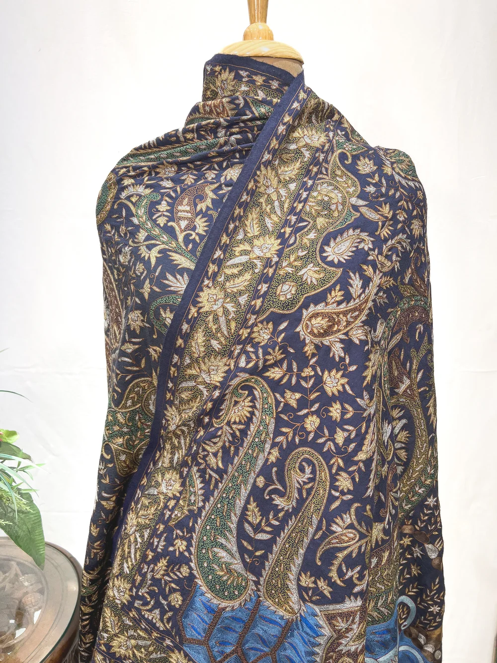 Black And Grey Ombre Pure Pashmina Shawl With Thread And Tilla Jaal Hand Embroidery close up