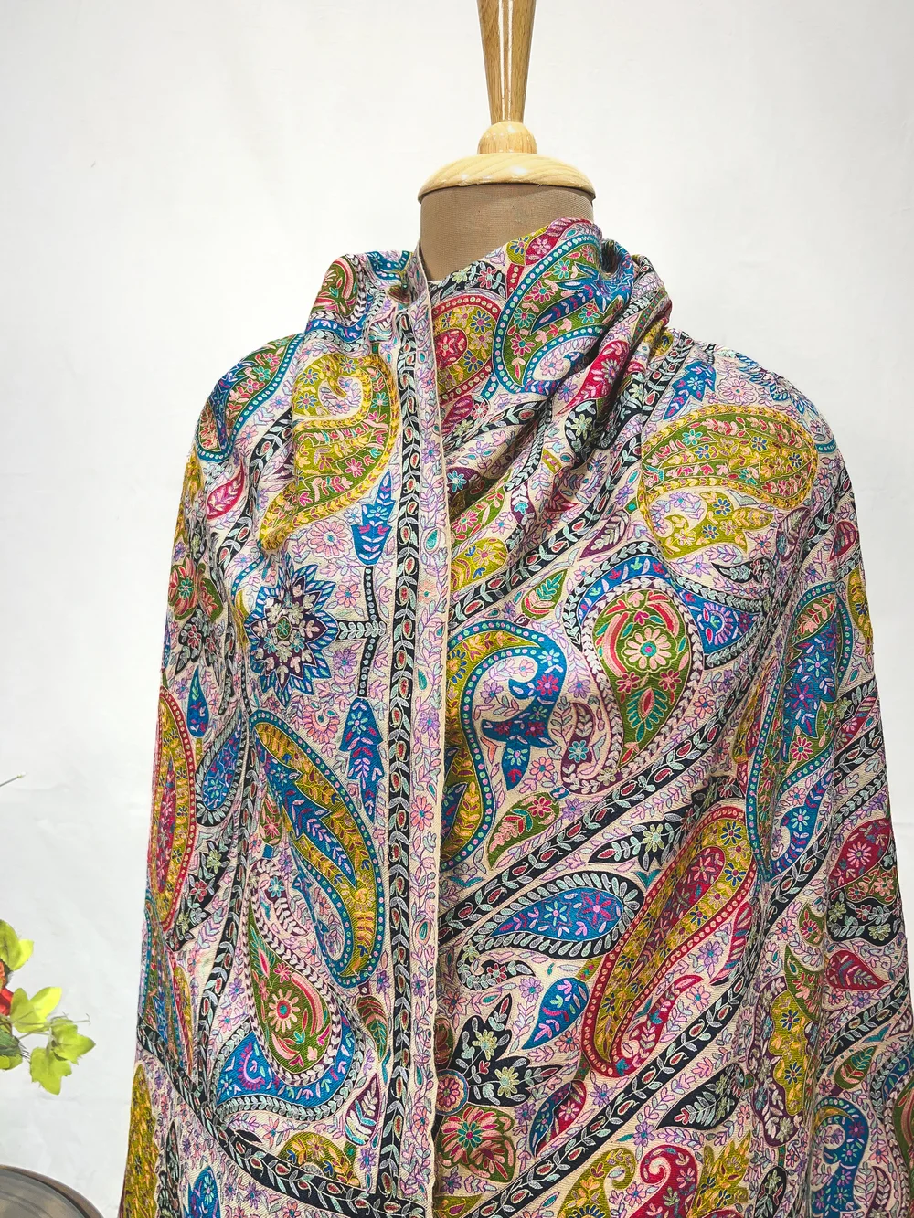 Pure Pashmina Multi Colour Shawl With Artistic Kalamkari And Hand Embroidery