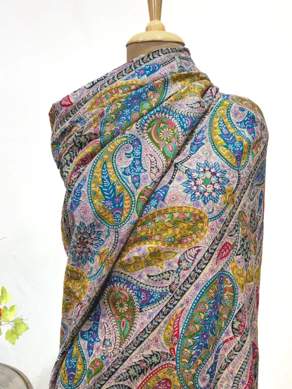 Pure Pashmina Multi Colour Shawl With Artistic Kalamkari And Hand Embroidery close up