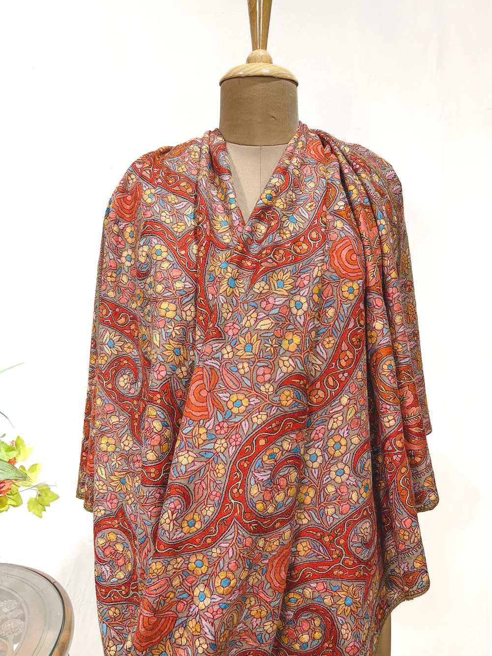 Beige Pure Pashmina Shawl With Floral Papier Mache Embroidery