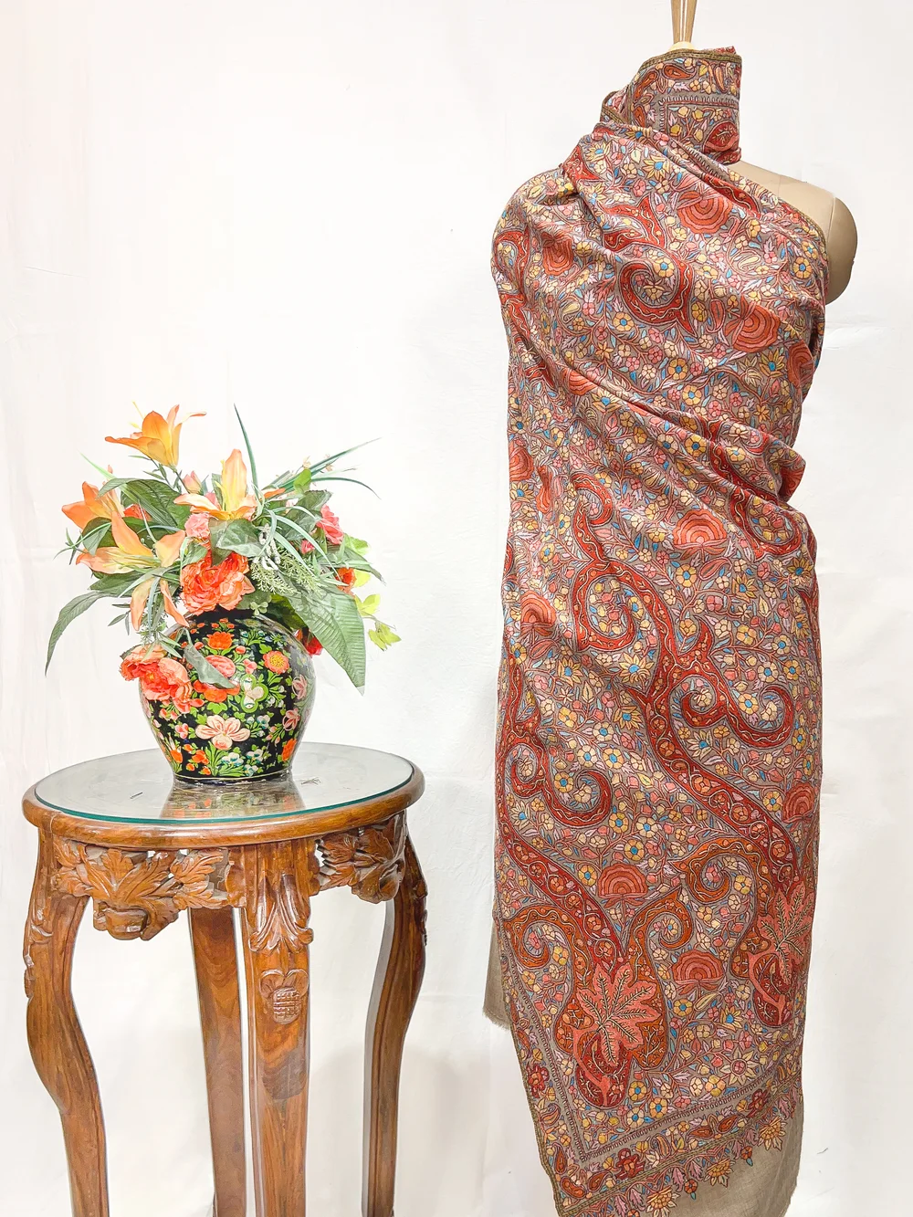 Beige Pure Pashmina Shawl With Floral Papier Mache Embroidery