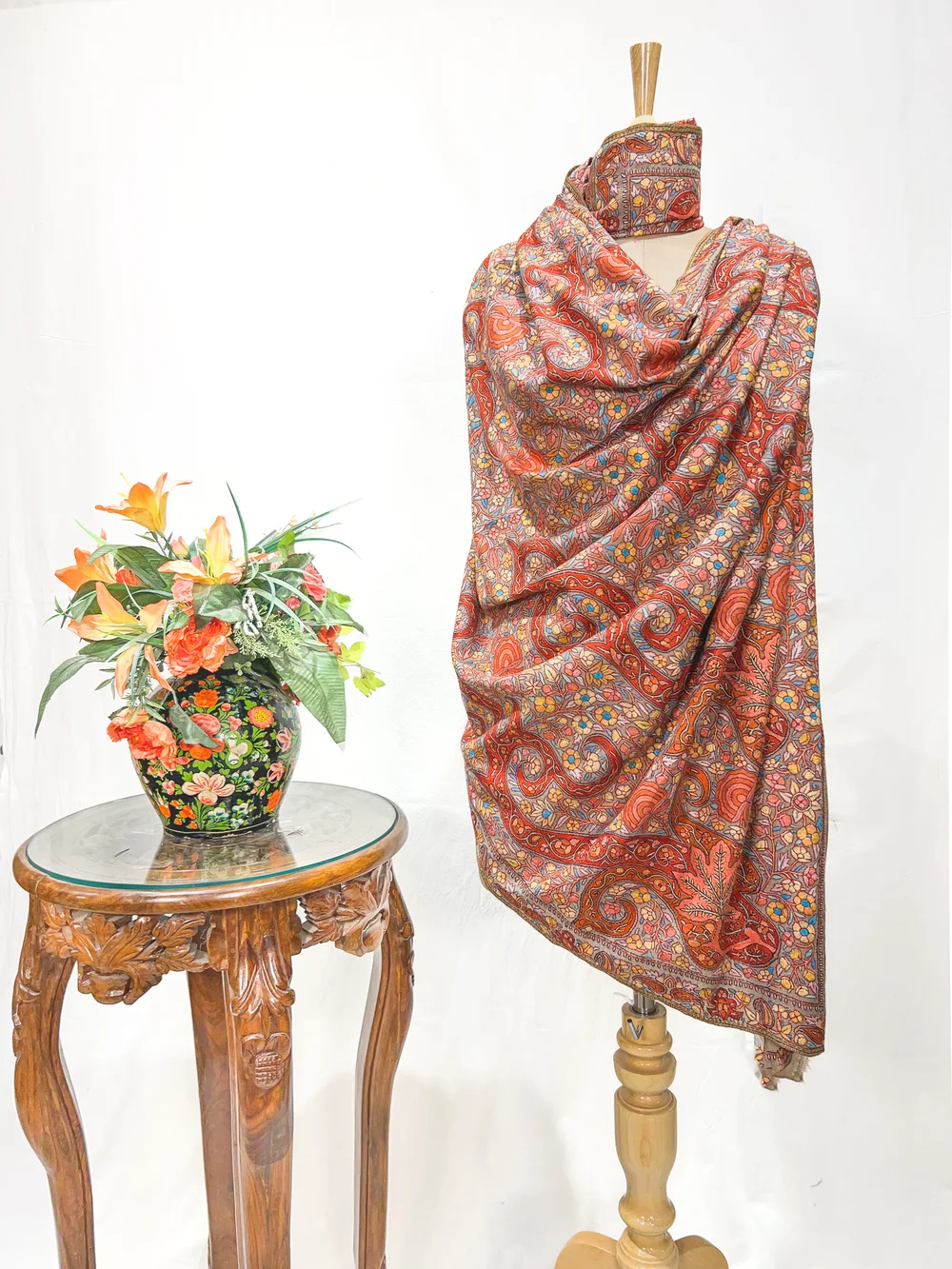 Beige Pure Pashmina Shawl With Floral Papier Mache Embroidery