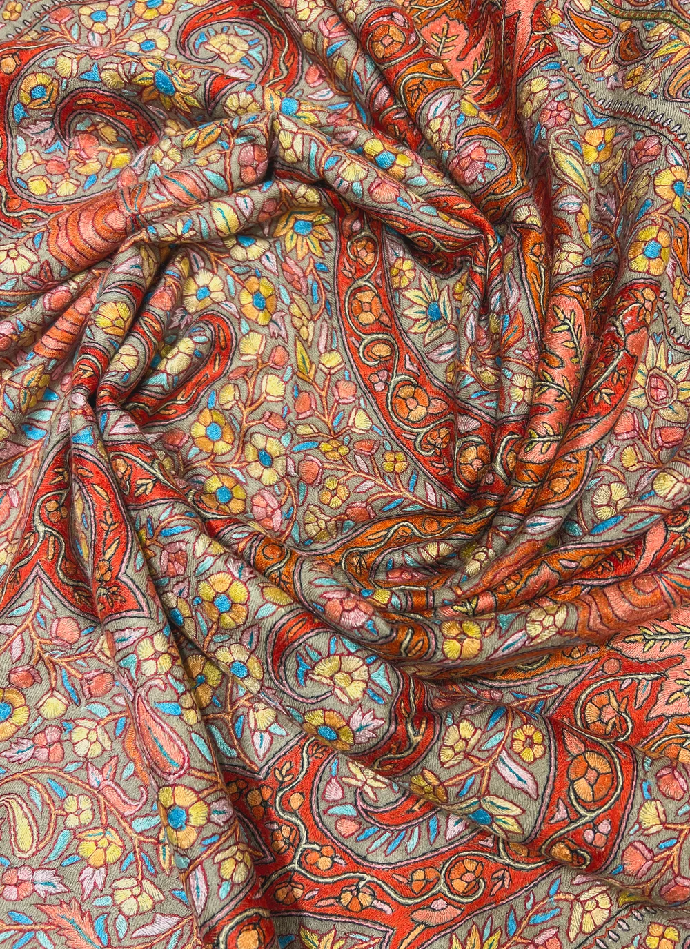 Beige Pure Pashmina Shawl With Floral Papier Mache Embroidery