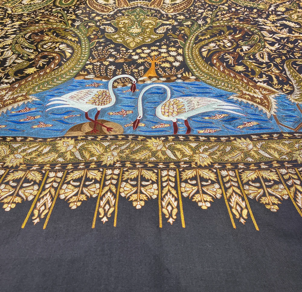 Black And Grey Ombre Pure Pashmina Shawl With Thread And Tilla Jaal Hand Embroidery