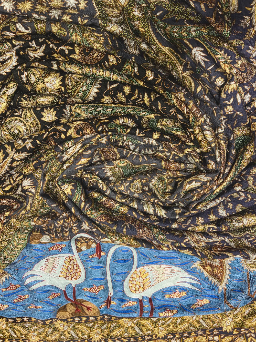 Black And Grey Ombre Pure Pashmina Shawl With Thread And Tilla Jaal Hand Embroidery