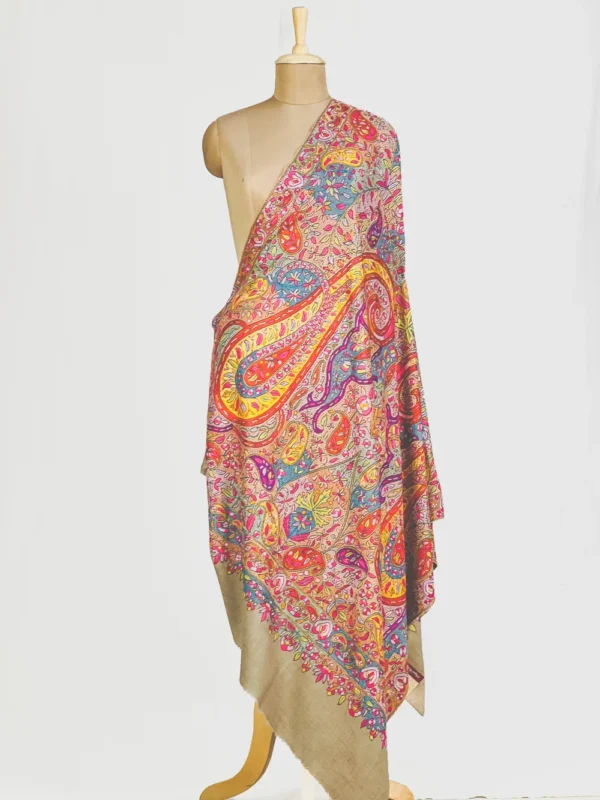 Natural Colour Pure Pashmina Shawl With Pastel Papier Mache Embroidery