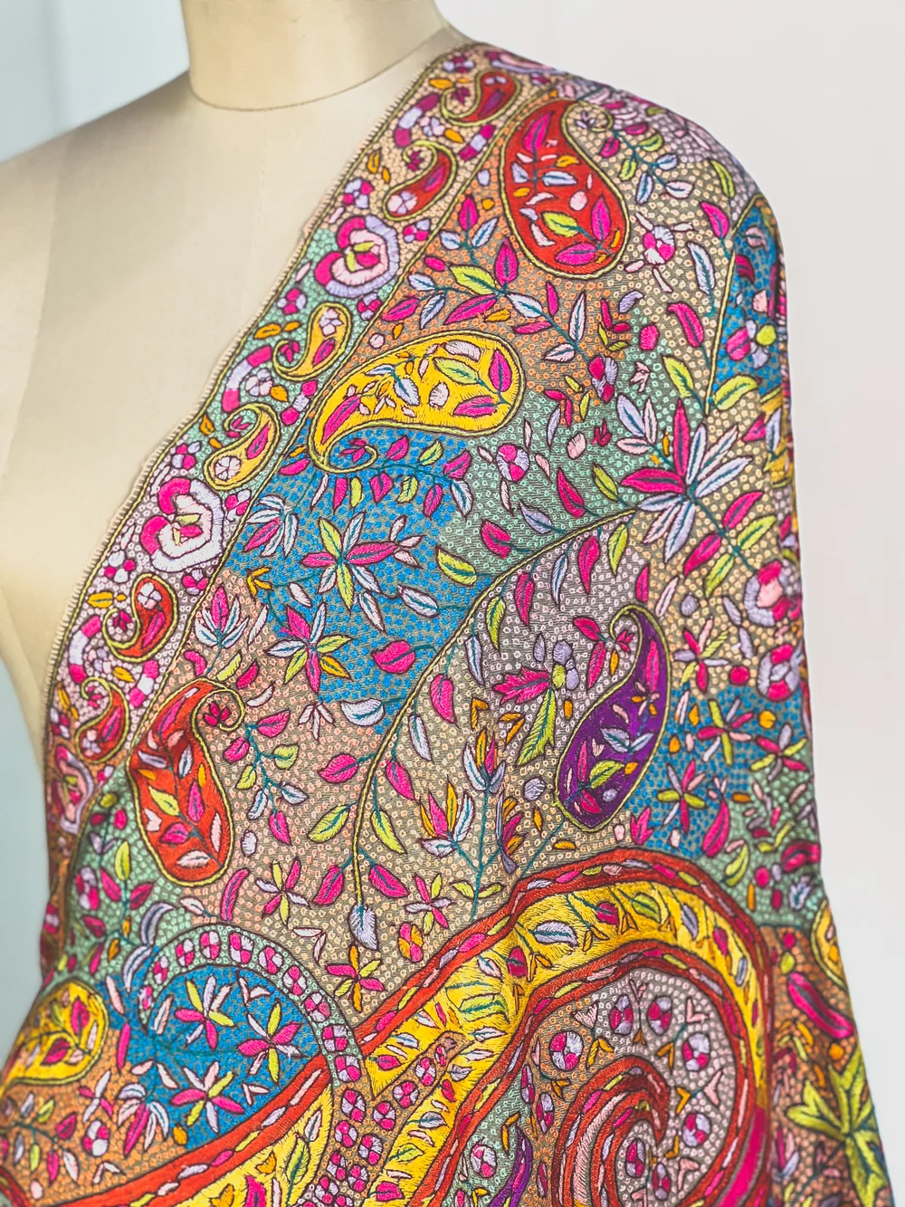 Natural Colour Pure Pashmina Shawl With Pastel Papier Mache Embroidery close up Natural Colour Pure Pashmina Shawl With Pastel Papier Mache Embroidery close up